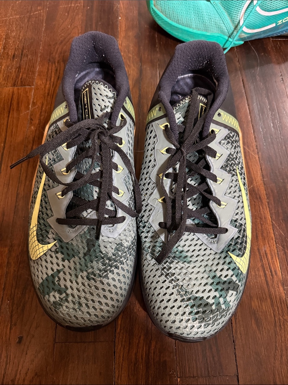 Nike Kids Gray Mesh Sneakers with Green Camouflage and Yellow Accents